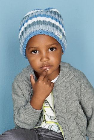 Blue/Grey Stripe Beanie Hat (Younger Boys)